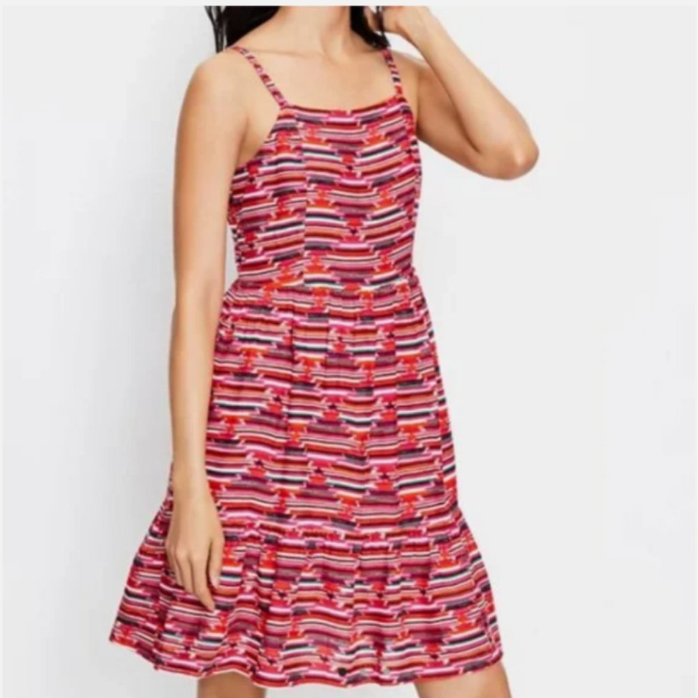 LOFT Sundress Spaghetti Straps  Ruffled Mini Dress Sz 6 Red‎ Orange Green White